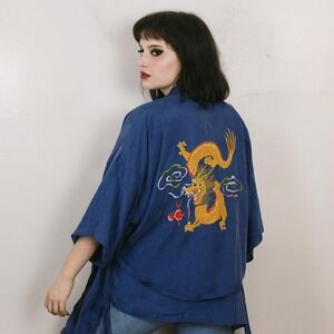 Vintage Health Silk Kimono Robe Blue Silk Dragon Embroidered‎ Bathrobe Y2K 90s